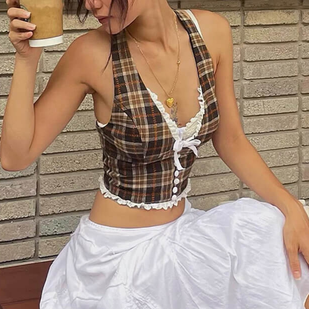 Brown Plaid Halter Blouse (S)